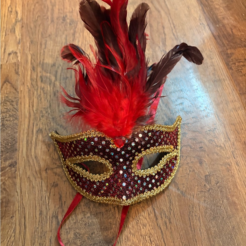 Elegant Red and Gold Feathered Masquerade Mask